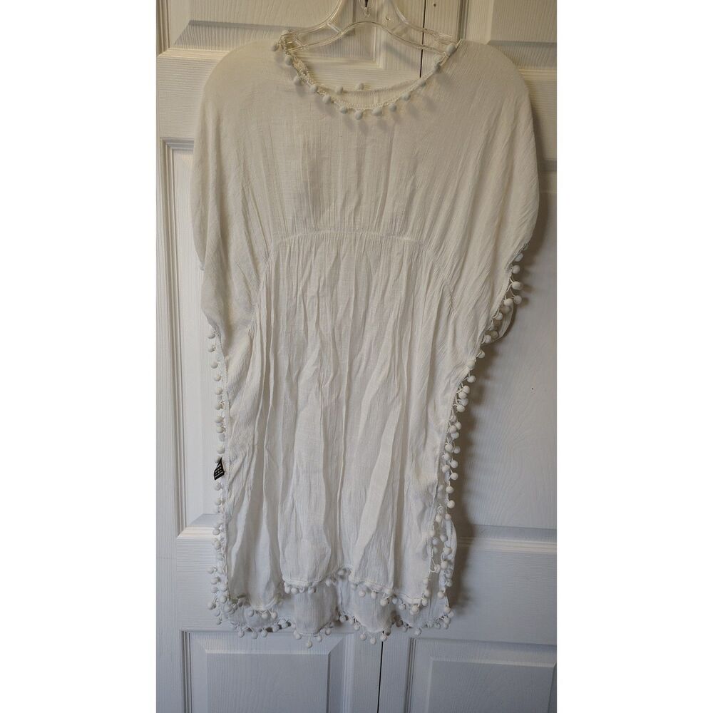 Skue White Pom Pom Trim Crinkle Kaftan Swimwear Cover Up - Size Medium (US 6)